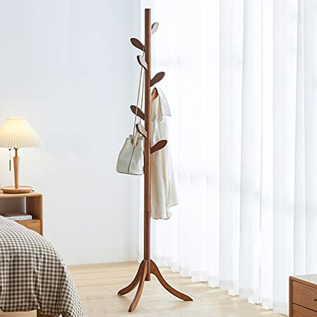 Coat Rack Freestanding Bamboo Coat Tree Rack with 8 Leaf Hooks, 3-Size Height Adjustable for Adults & Younger, Clothes Hanger Stand for Jacket, Hat, Entryway/Hallway/Corner/Bedroom (Vintage Brown) Bekrvio
