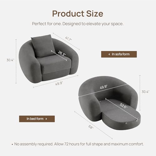 SICOTAS 49.9" Curved Convertible Sofa Couch Bed for Living Room Futon Cloud Boneless Sleeper Chair Pull Out Floor Couch with Deep Seat Single Foam Lounger No Assembly for Bedroom Apartment, Dark Grey SICOTAS
