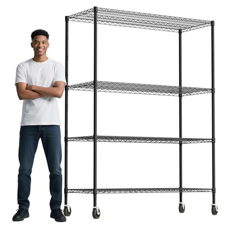 Whitmor 4 Tier Storage Shelves with Wheels, Heavy Duty Metal Shelving Unit, 625 lbs Capacity per Shelf, 2500 lbs Total for Kitchen, Garage, Plant, 55" L x 24" W x 72" H, Black Whitmor