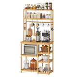 BMOSU Bakers Rack Bamboo for Kitchen with 12 S-Shaped Hooks Coffee Bar Table Kitchen Microwave Stand Open Storage Shelves Utility Storage