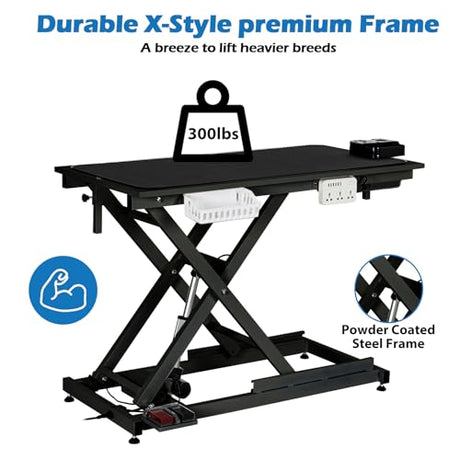 50'' Electric Dog Grooming Table, Heavy Duty, Height Adjustable Pet Grooming Table with Sockets w/Leveling Wheels, Grooming Arm, Anti Slip Tabletop & Tool Organizer, for All Pets Black Towallmark