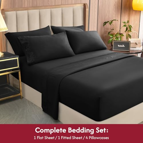 LONAVA Queen Size Sheet Set - 6 Piece Hotel Luxury Wrinkle-Free Microfiber Sheet, Oeko-TEX Certified, Breathable & Elastic, 16" Deep Pockets, Very Black LONAVA