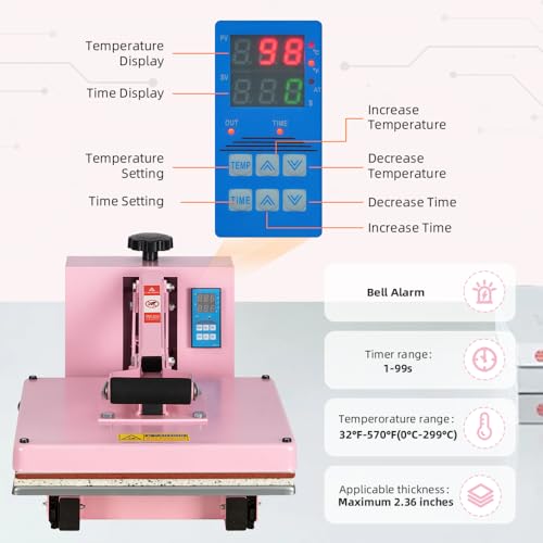15x15 Heat Press Machine with Slide-Out Platen, T-Shirt Heat Transfer Press for DTF & HTV Vinyl, 110V 1400W Digital Temp/Timer, Dual Support Arms, 0–400°F, Pink WUMSTOT