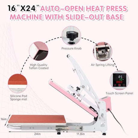 Heat Press Machine 16x24 Slide Out, Auto Open Semi Automatic Sublimation Transfer for T-Shirts, Bags, Ceramics (16x24 Auto Open Pink) TransferMuse