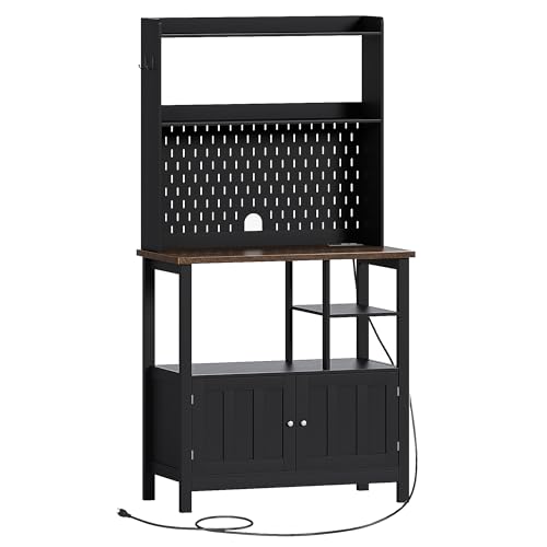 ChooChoo Pantry Cabinet with Charging Station, Kitchen Storage Cabinet with Microwave Stand, Farmhouse Kitchen Hutch with Storage for Living Room， Dining Room, Black & Espresso ChooChoo