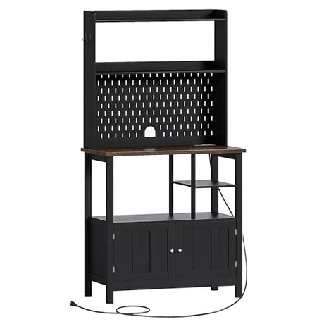 ChooChoo Pantry Cabinet with Charging Station, Kitchen Storage Cabinet with Microwave Stand, Farmhouse Kitchen Hutch with Storage for Living Room， Dining Room, Black & Espresso ChooChoo