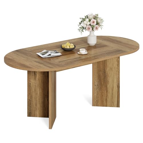 LITTLE TREE 63" Rustic Oval Dining Table for 2-4, Sturdy MDF Farmhouse Kitchen Table with Metal Strip Base, for Living Room, Office, Restaurant, Multi-Use, Umber LITTLE TREE