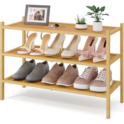 Smiry Bamboo Shoe Rack, 3 Tier Shoe Organizer for Entryway & Closet, Stackable Free Standing Storage Shelf for Shoes, Bags & Plants, Natural Smiry