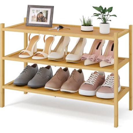 Smiry Bamboo Shoe Rack, 3 Tier Shoe Organizer for Entryway & Closet, Stackable Free Standing Storage Shelf for Shoes, Bags & Plants, Natural Smiry