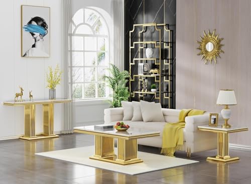 Goderfuu 47" White Marble Console Table, Rectangular Faux Marble Sofa Table, Luxury Entryway Narrow Long Hallway, Modern Living Room With Gold Stainless Steel I-Base Goderfuu