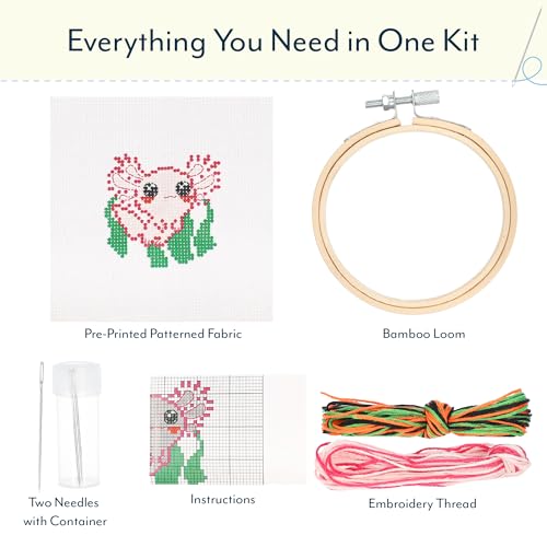 GAMAGO Axolotl Stamped Cross Stitch Kit for Beginners – Pre-Printed DIY Embroidery Craft Set with Hoop, Fabric, Floss, Needles & Instructions – Cute Animal Needlework Kit for Teens & Adults