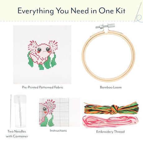 GAMAGO Axolotl Stamped Cross Stitch Kit for Beginners – Pre-Printed DIY Embroidery Craft Set with Hoop, Fabric, Floss, Needles & Instructions – Cute Animal Needlework Kit for Teens & Adults GAMAGO
