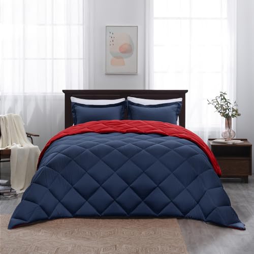 Basic Beyond Queen Navy and Red Comforter Set - 1 Comforter (88"x92") and 2 Pillow Shams (20"x26"+2") Basic Beyond