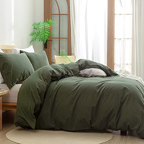 BESTOUCH Duvet Cover Set 100% Washed Cotton Linen Feel Super Soft Comfortable Chic Lightweight 3 PCs Home Bedding Set Olive Green King BESTOUCH