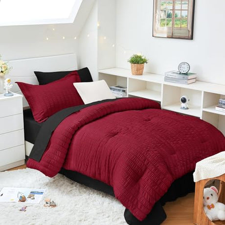 HYMOKEGE Red & Black Twin XL Comforter Set Seersucker 5 Pieces, All Season Luxury Bed in a Bag for Bedroom, Bedding Set with Comforter, Sheets, Pillowcase & Sham HYMOKEGE