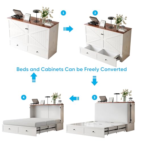 Mjkone 63" Width Queen Size Murphy Bed Cabinet with Charging Station, Mattress Included, Storage Cabinet Murphy Bed Chest Cabinets with Foldable Panel for Guest Small Spaces, Home Offices, White Mjkone