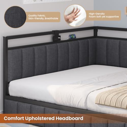 Hasuit Queen Corner Bed Frame with Storage Drawers, Queen Daybed with Line Fabric Upholstered Fence, Kids Bed Unit with LED Light and Charging Station, Modern Bed Frame Queen Size, Gray Hasuit
