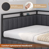 Hasuit Queen Corner Bed Frame with Storage Drawers, Queen Daybed with Line Fabric Upholstered Fence, Kids Bed Unit with LED Light and Charging Station, Modern Bed Frame Queen Size, Gray Hasuit