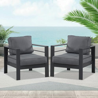 Wisteria Lane 2 Pieces Patio Furniture Aluminum Armchair, All-Weather Outdoor Single Sofa, Grey Metal Chair with Dark Grey Cushions - WoodArtSupply