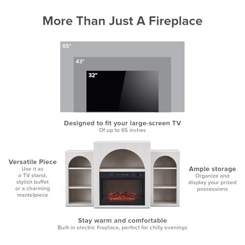 Mopio Blake 59" Arched TV Stand for 32/42/55/60/65 Inch TVs, Fireplace Mantel, Modular Side Storage Shelves, Entertainment Center for Living Room, TV Table Credenza, Media Console (White, With Insert) mopio