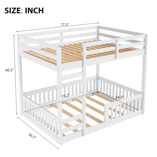 Bellemave Full Over Full Bunk Bed with Ladders Wood Bunk Beds with Full-Length Guardrails Floor Bunk Bed Frame for Kids, Boys, Girls, No Spring Box Needed, Pure White Bellemave