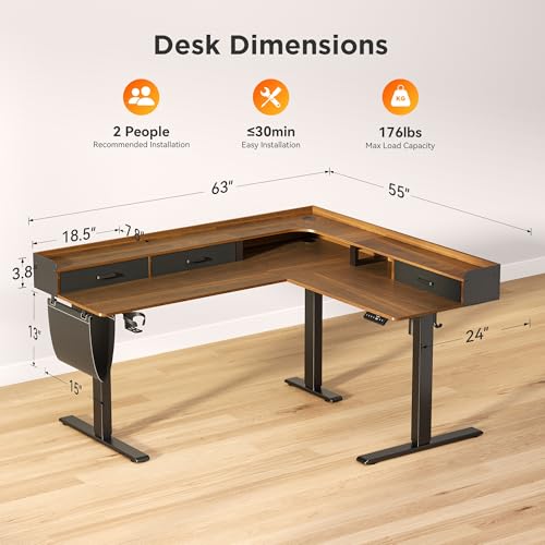 WALKINGDESK 63 Inches Height Adjustable L Shaped Standing Desk with 3 Drawers and Monitor Shelf, Electric Sit to Stand Home Office Comupter Table, Ergonomic Corner Gaming Desk, Black Walnut WALKINGDESK