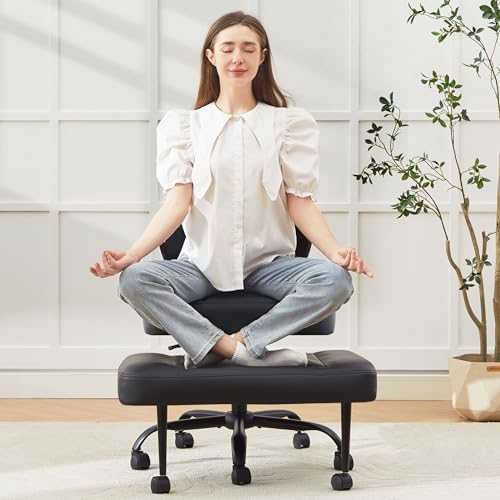 Criss Cross Legged Office Chair with Wheels,Swivel Meditation Chair for ADHD,Ergonomic Cross Legged Desk Chair with Thicken Adjustable Footstool,PU Sitting Fidgeting Kneeling Chair for Home Yoga Black BIGGARSIT