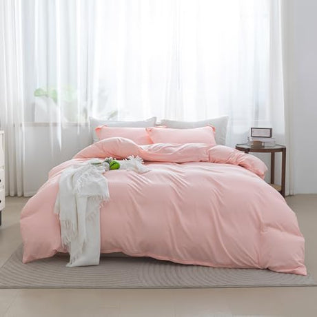 SheRest Pink Duvet Cover Twin Size - Soft Brushed Microfiber, 1 Duvet Cover 68x90 Inches with Zipper Closure 8 Ties & 1 Pillow Sham, Breathable Bedding Set for All Season (No Comforter) SheRest