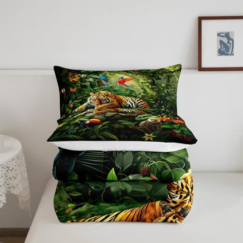 3D Tiger Comforter Set Queen Size,Monkey Parrot Wild Animals Bedding Set,Tropical Palm Tree Jungle Quilt Set for Kids Boys Girls Adult Bedroom Decor,Nature Wildlife Theme Duvet Insert,2 Pillowcases Castle Fairy