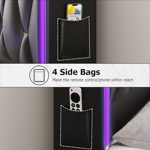 BYSAUD Floating Bed Frame with Hidden Storage in The Openable Marshmallow Headboard,King Size Bed Frame with Charging Station Including 2 Standard Sockets & Led Lights,PU Leather (King) BYSAUD