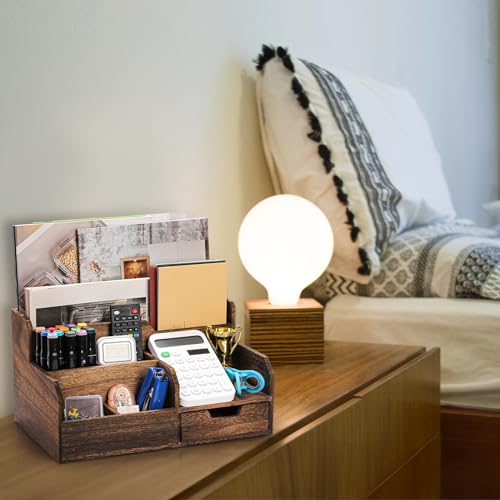 Pumtus Brown Wooden Mail Organizer, Desk Organizer with 7 Compartments and Drawer, Rustic Mail Sorter with Pen Holder, Tabletop Mail Basket, Office Accessories Holder for Pen File Letter Document Pumtus