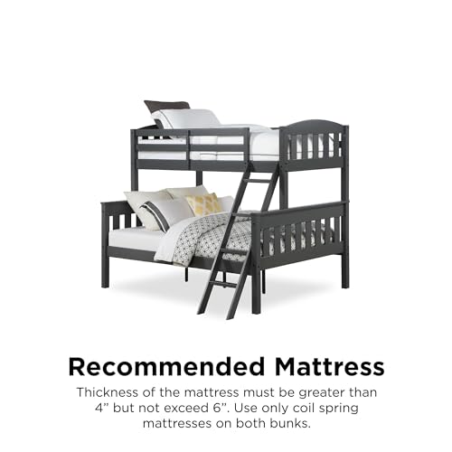 DHP Airlie Convertible Wood Bunk Bed Twin Over Full Size, Stackable and Detachable Bed Frames for Kids, Teens, Angled Ladder, High Guardrail, Wood Slats, No Boxspring Required, Grey DHP