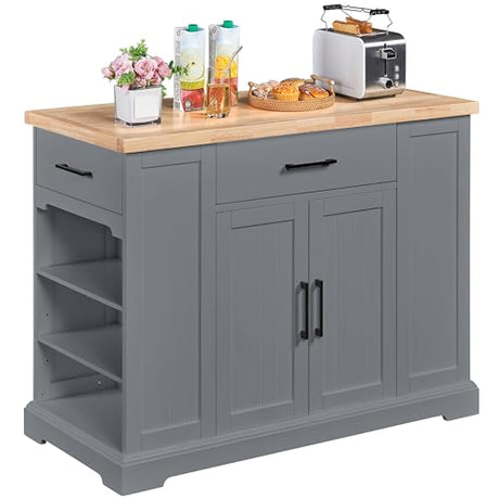 Yaheetech Rolling Kitchen Island with Thicker Rubberwood Countertop, Kitchen Cart on Hidden Wheels with 3 Drawers & Open Shelves, Storage Cabinet w/Inner Adjustable Shelves for Dining Room, Dark Gray Yaheetech
