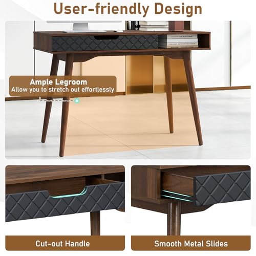 Tangkula Mid-Century Modern Computer Desk, Home Office Desk w/Drawer & Open Compartment, Laptop PC Desk w/Rubber Wood Legs, Makeup Vanity Table, Vintage Writing Desk Workstation for Study, Bedroom Tangkula