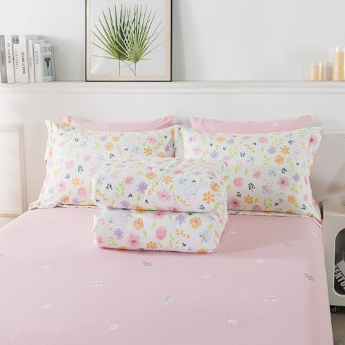Wajade Floral Comforter Set Bed in A Bag Full Size 7 Piece Botanical Flower Green Leaves Rabbits Bedding Set for Girls (1 Comforter, 1 Flat Sheet, 1 Fitted Sheet, 2 Pillowcase and 2 Pillow Sham) Wajade