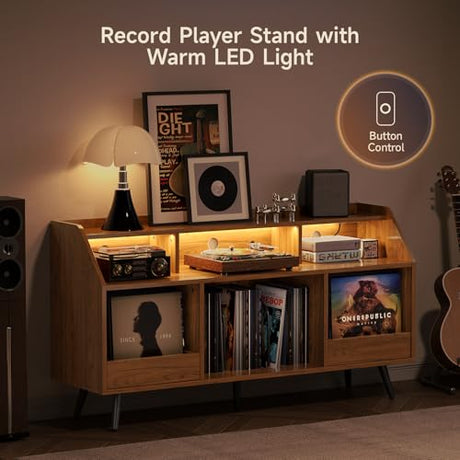 55 Inch Record Player Stand with LED Light, Modern Vinyl Record Storage Cabinet with 2 Drawers & Open Shelves, Holds up to 500 Albums, Turntable Stand w/Charging Station for Living Room Bedroom Walnut ONBRILL