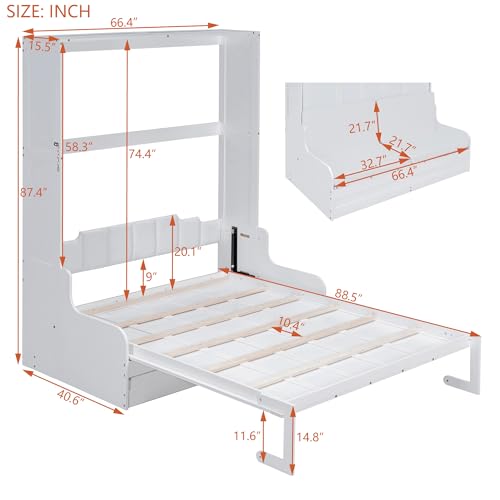 Merax Queen Size Murphy Bed Frame, Modern Wall Bed Can Be Folded into Cabinet, Chair with Cushion, White Merax