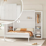 Polib Full Size Murphy Bed with Two Wardrobes and Storage Shelf, Space-Saving Wall Cabinet Bed with Foldable Platform Bedframe for Small Bedrooms, Guest Rooms and Apartments (White) Polibi