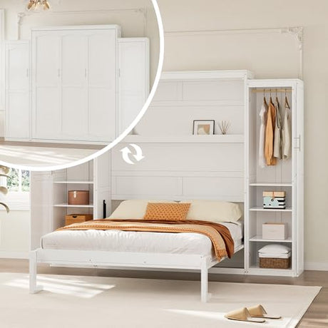 Polib Full Size Murphy Bed with Two Wardrobes and Storage Shelf, Space-Saving Wall Cabinet Bed with Foldable Platform Bedframe for Small Bedrooms, Guest Rooms and Apartments (White) Polibi