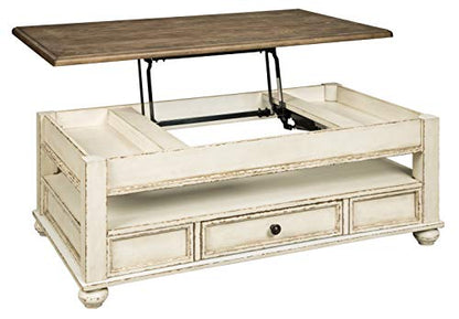 Signature Design by Ashley Realyn Vintage Farmhouse Rectangular Lift Top Coffee Table with Storage Drawer, White & Brown - WoodArtSupply