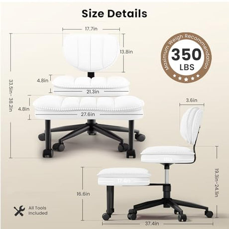 Cross Legged Office Chair, Ergonomic Cloud Criss Cross Desk Chair, Meditation Chair with Wheels, Height Adjustable Seat for ADHD, Wide Kneeling Chair with Back Support, Corduroy Fabric, White HOMRELEXA