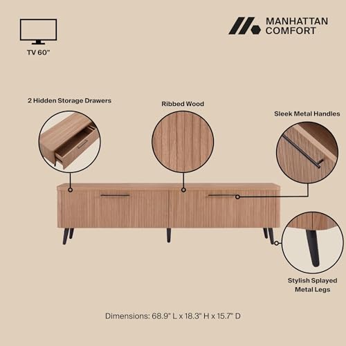 Manhattan Comfort Jodie 69" TV Stand with Wood Ribbed Drawers, Mid Century Modern Console Table for Televisions up to 60", Entertainment Center Storage Solution for Living Room, Maple Manhattan Comfort