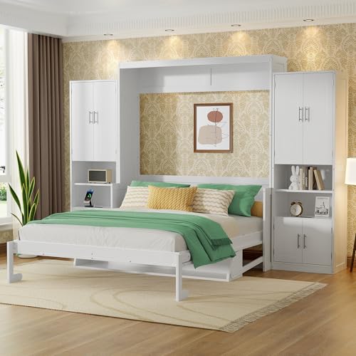 PVWIIK Queen Size Murphy Bed with Storage Drawers & Desk,Wall Bed Frame Folding into Cabinet Design w/Charging Station & Storage Shelf for Small Space,Bedroom,Guest Room,White PVWIIK