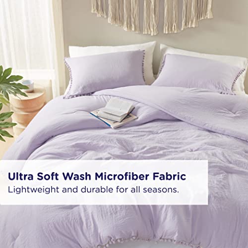 Codi Lavender Purple Full/Queen Comforter Set - Boho Aesthetic Bedding with Luxurious Pom Fringe, Soft Washed Microfiber 3pc Set, Couple-Friendly Lightweight Design, 1 Comforter & 2 Pillow Shams Codi