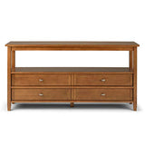 SIMPLIHOME Warm Shaker Wide Console Table - 60 Inch Wide Solid Wood Sofa Table in Light Golden Brown, Transitional Storage Table for Living Room with 4 Drawers, Open Shelf, and Brushed Nickel Knobs SIMPLIHOME