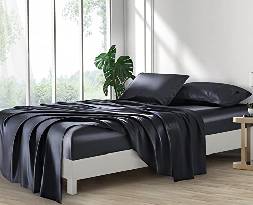 Lanest Housing Silk Satin Sheets, Full Size Satin Bed Sheet Set with Deep Pockets, Cooling Soft and Hypoallergenic Satin Sheets Full - Black Lanest Housing