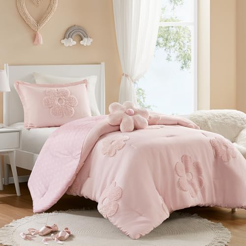Intelligent Design Kids Twin Comforter Set for Girls, Tufted Chenille Floral Comforter Set Twin, Lightweight Polka Dot Comforter Reversible Bed Set, Sham, Pillow, Gracie, Twin Pink 3 Piece Intelligent Design