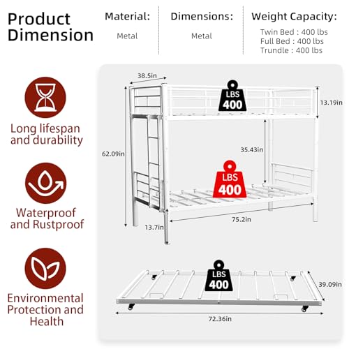 HomeCyber Metal Twin Bunk+Trundle Sleeps 3, Splits into 2 Beds, Reinforced Steel Frame, Noise-Free, Growing Family & Shared Kids Room, No Box Spring, Black HomeCyber