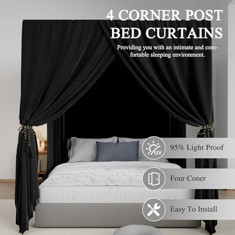 YRDKB Black Canopy Bed Curtains - 4 Corner Post Bed Curtains Queen Lightproof Siamesed Drapes Bed Canopy for Adults & Girls Bedroom Decoration(Black,Queen) YRDKB