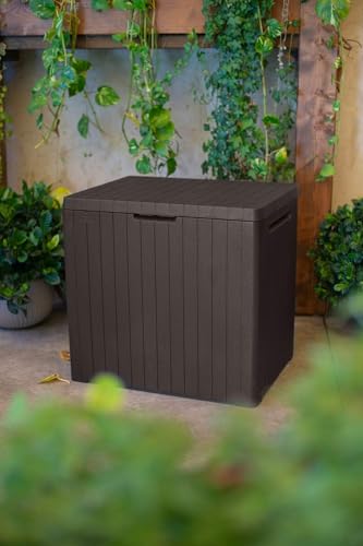Keter City 30 Gallon Resin Outdoor Storage Box and Patio Furniture Side Table for Pool and Garden Accessories, Brown Keter